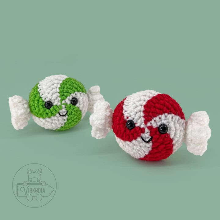 crochet peppermint candy amigurumi plushies for Christmas decorations, DIY holiday decor, winter crafts, and handmade gifts
