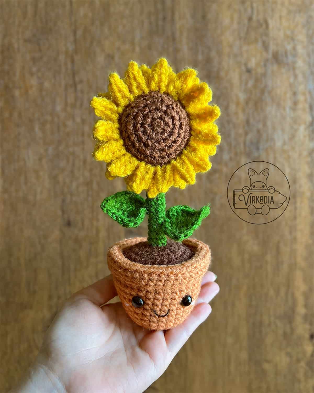 candid shot of free crochet sunflower amigurumi plushies for DIY Valentine's Day, anniversary gifts, Mother's Day, and teacher appreciation