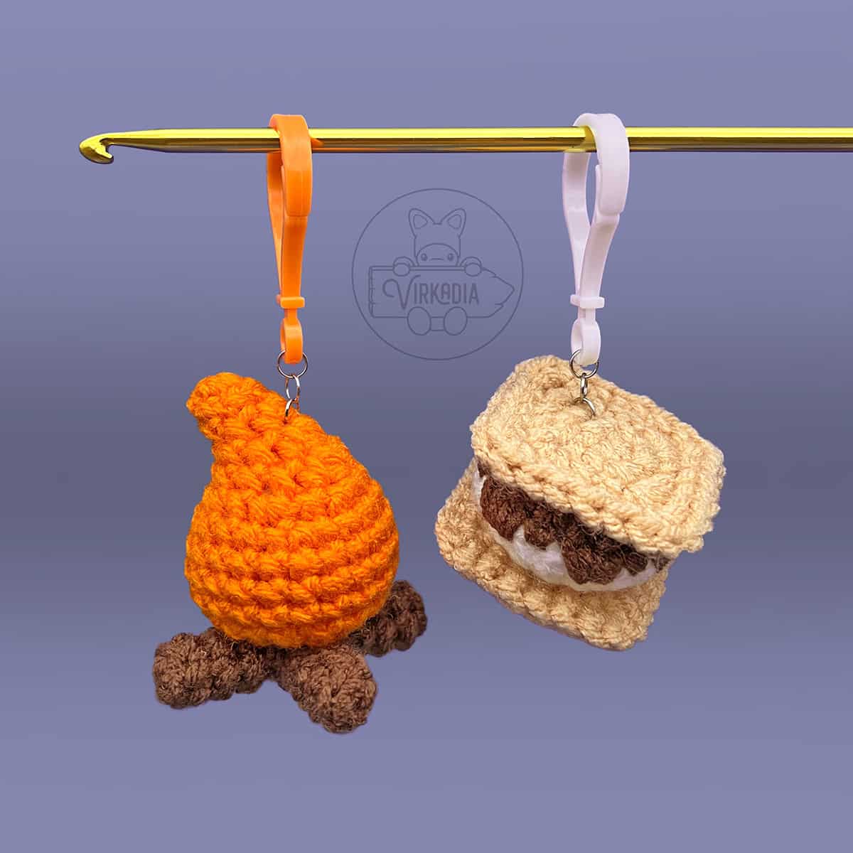 free crochet campfire and s'more keychains for summer crafts, camping decorations, DIY home decor, and homemade gifts