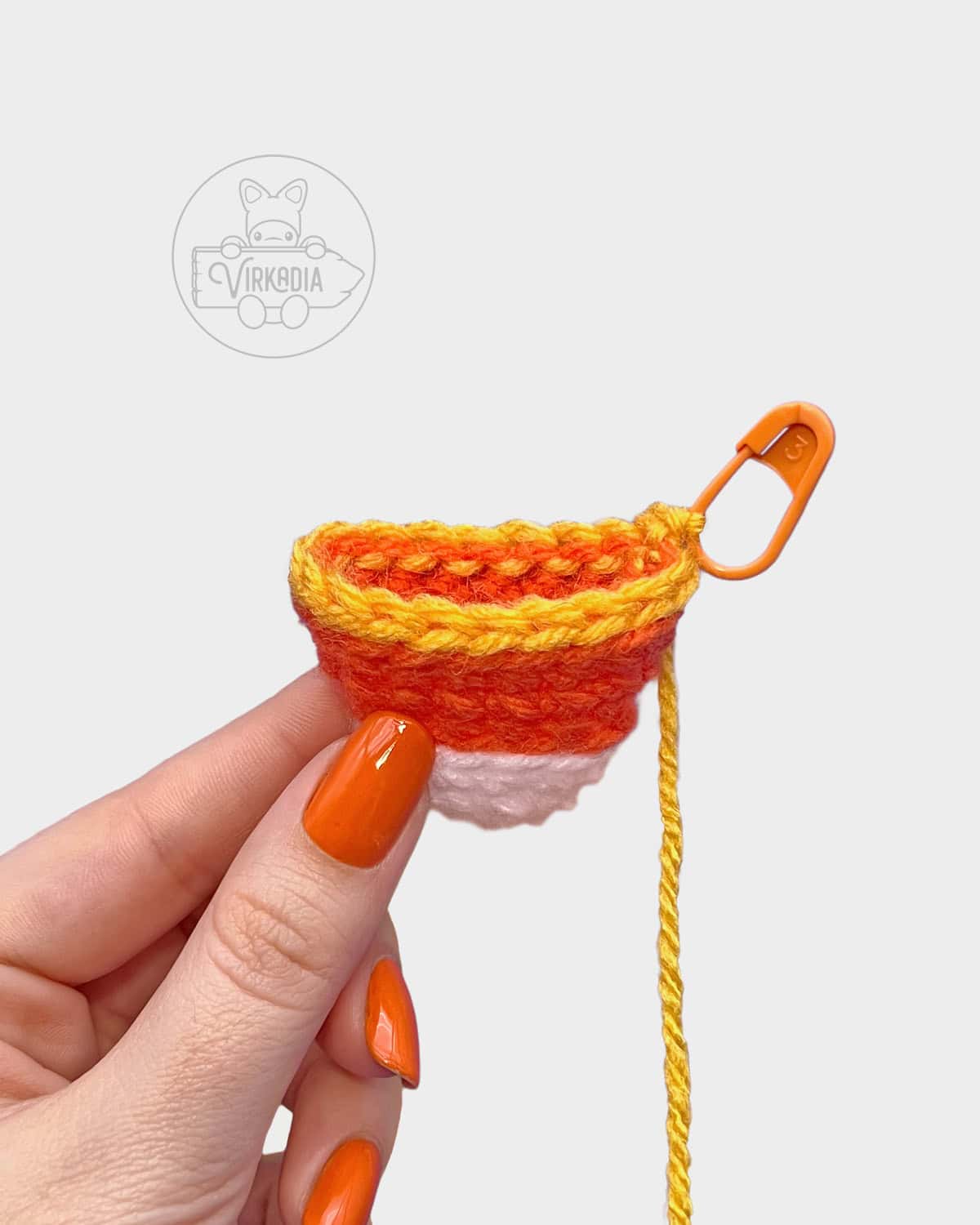 free crochet candy corn keychain tutorial of how to change yarn colors to yellow