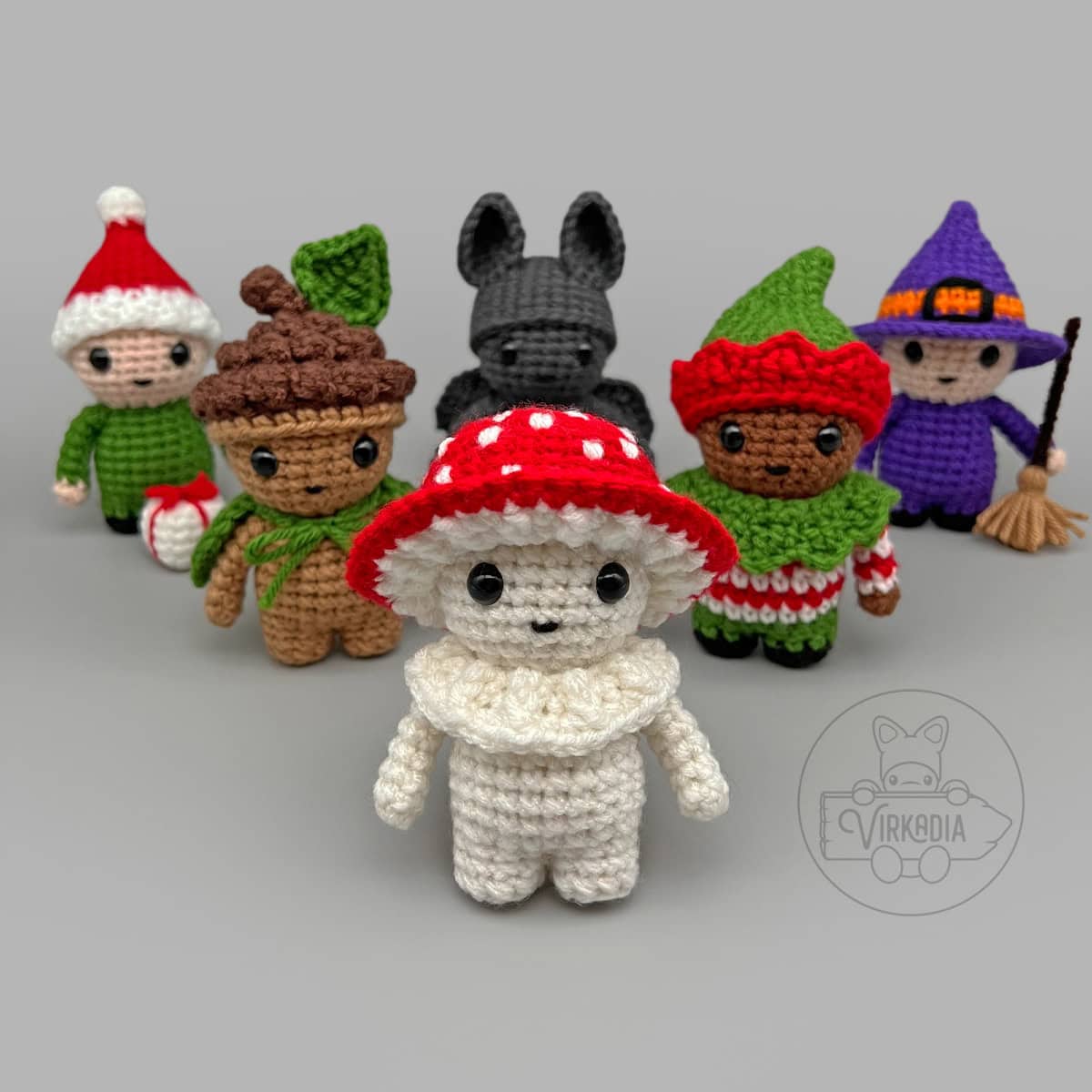 free Little Crochet Guy pattern collection, including Halloween outfits, Christmas accessories, and a mushroom costume, for DIY doll making, seasonal amigurumi projects, and holiday gifts