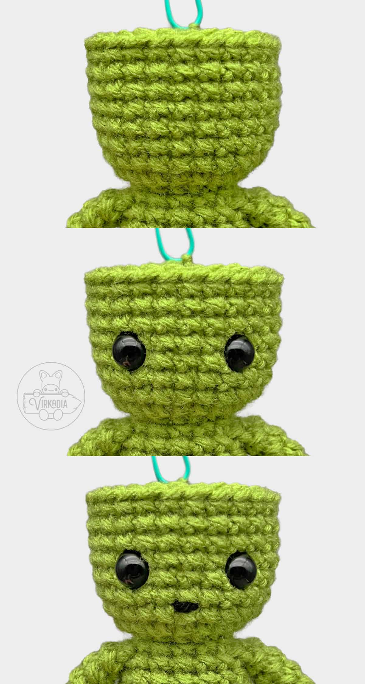 free Little Crochet Guy doll step-by-step tutorial of how to add the safety eyes and embroidered mouth onto the face
