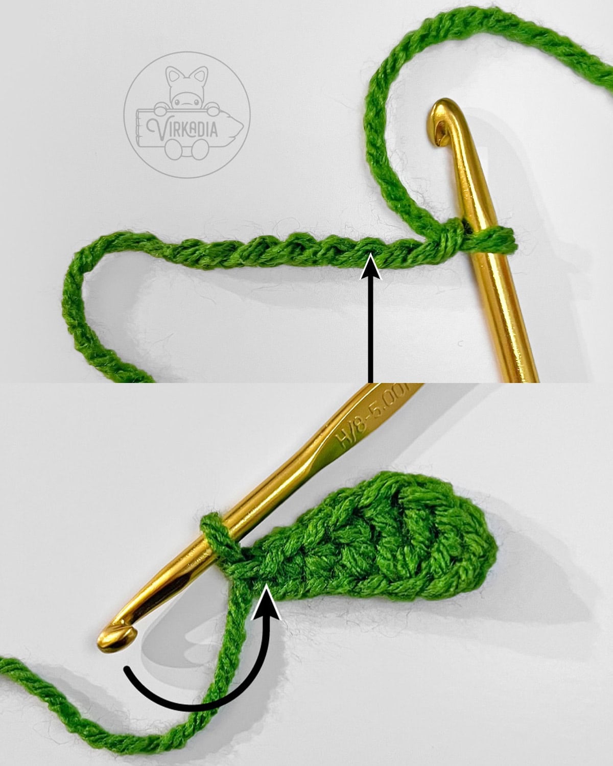 free amigurumi tutorial of how to work into the back bumps and into the other side of the chain stitches