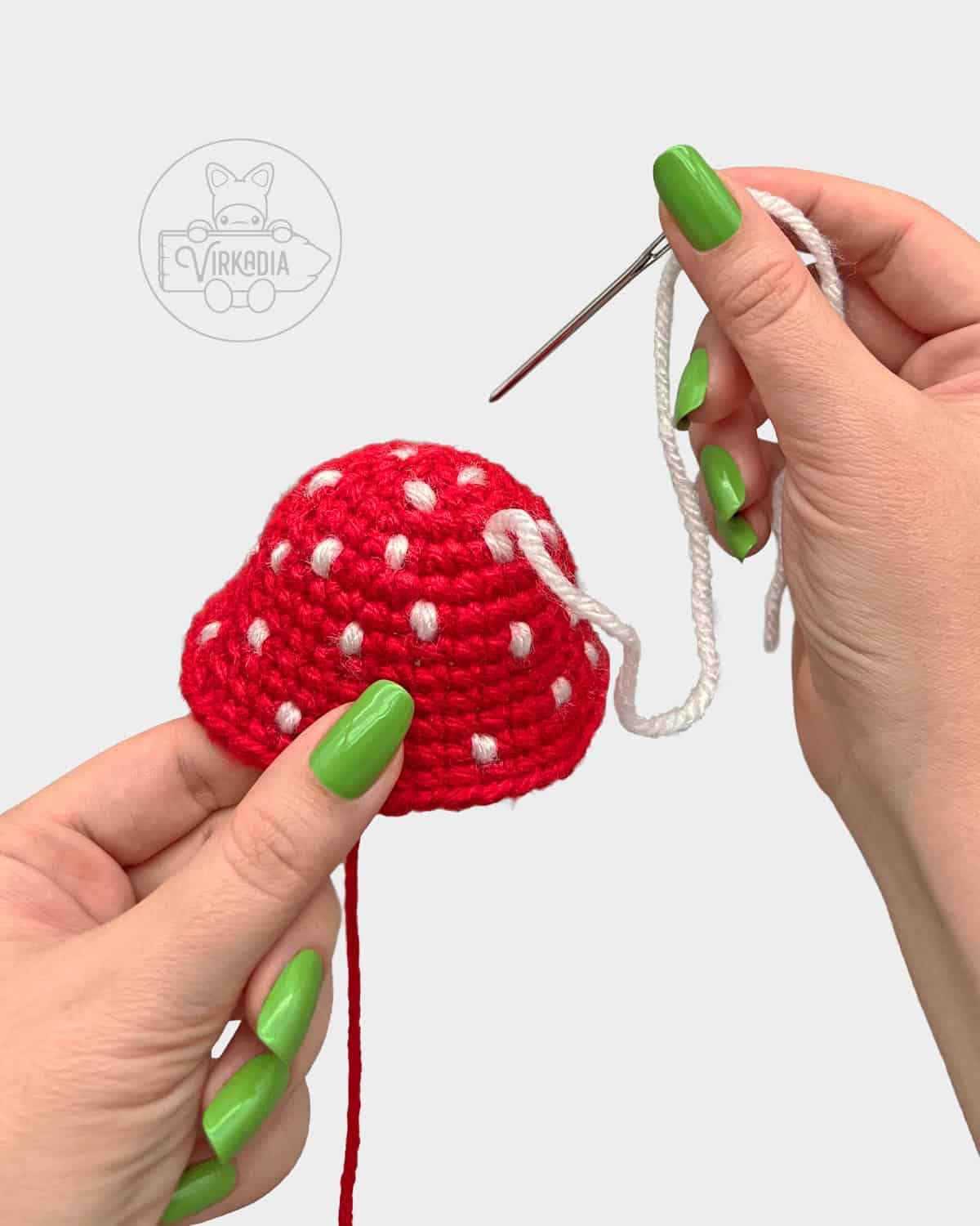 free Little Mushroom Guy crochet doll tutorial of how to embroider spots onto the mushroom cap